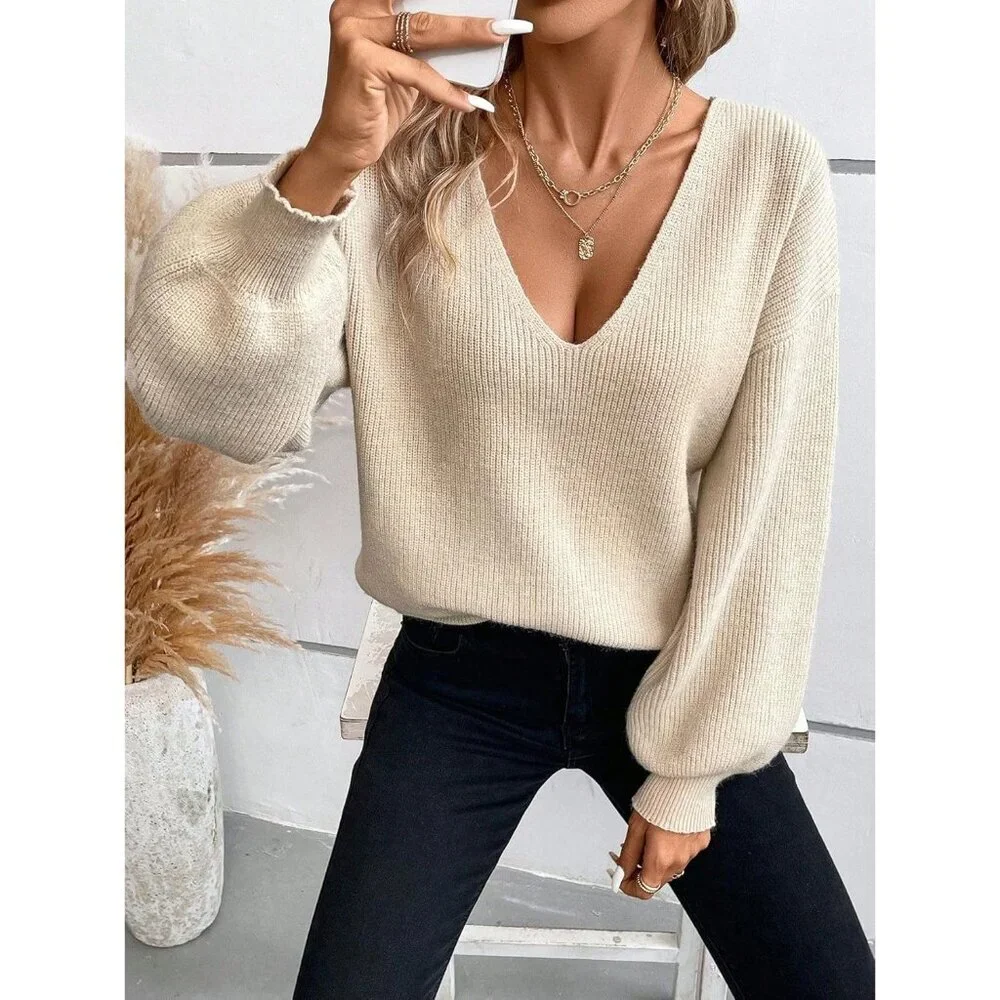 V Neck Sweater Women Off Shoulder Fitted Long Sleeve Knit Top Large